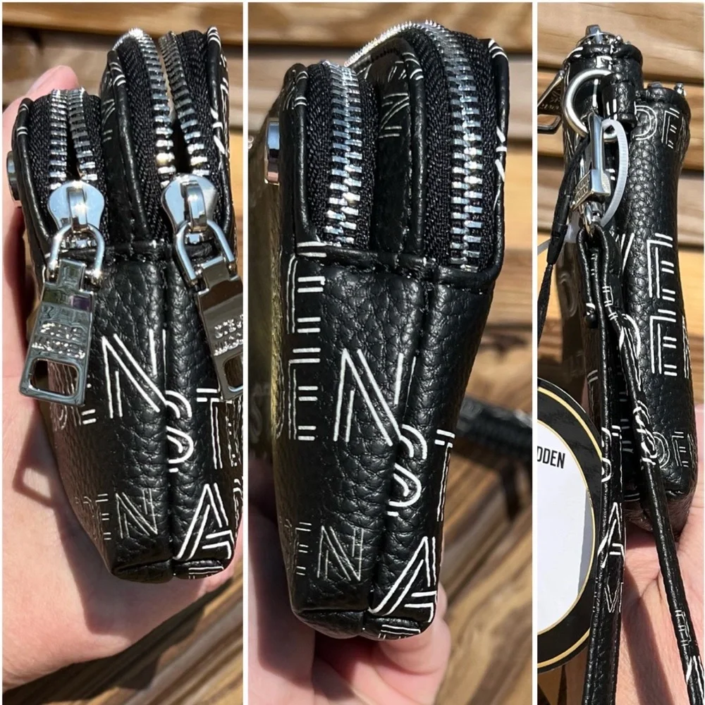 - Steve Madden Double Zip Logo Leather Wristlet! NEW!